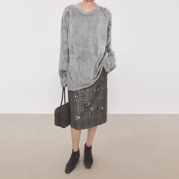 CHICJOC Heavy Wool Plaid Midi Skirt with Hand Beading – NWT – Size 38 - Picture 4 of 9